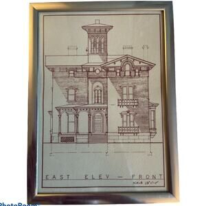 East Elevation Front Scale 1/8 Framed Architectural Vntg Print 5.5"X 7.5"